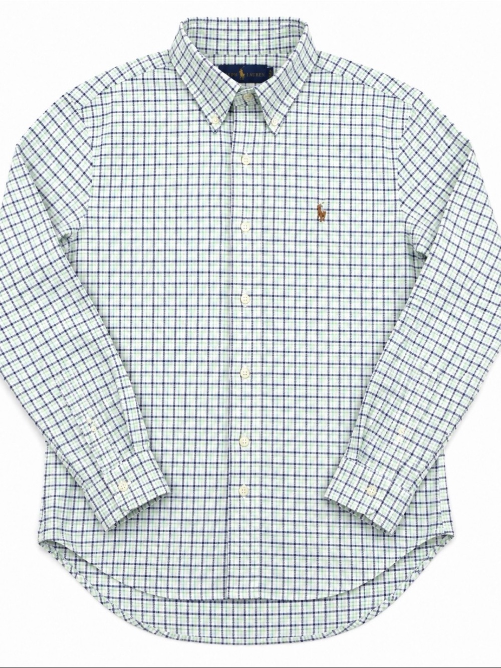 Polo Ralph Lauren Custom Fit Oxford Button Down Plaid Shirt White Green Blue L